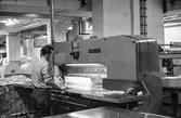 Man i arbete vid skärmaskin på pappersbruket Papyrus i Mölndal, hösten 1970.