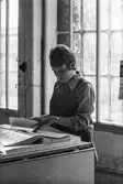 Kvinna i arbete med att sortera papper på pappersbruket Papyrus i Mölndal, hösten 1970.