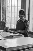 Kvinna i arbete med att sortera papper på pappersbruket Papyrus i Mölndal, hösten 1970.