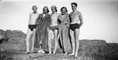Fem ungdomar i badkläder står på ett berg. Flickorna har badrockar på sig och killen i mitten har nog lånat en av flickornas rosettprydda solhatt.