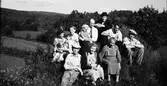 En grupp människor, åtta vuxna och tre barn, sitter på en gräskulle en solig dag. Längst fram till höger sitter Anna i Planterhagen och mannen i hatt i mitten är hennes man Herman.
(Se även bild EA0484)