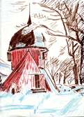 Kållered kyrkas klockstapel i vinterskrud, okänt årtal. Tecknad av Gustaf Lindman, kyrkoherde. Originalet finns i Hembygdsarkivets arkiv.