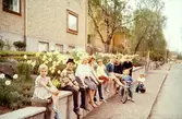 Sittande barn på trädgårdsmur, Väster i Växjö, 1959.