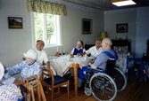 Brattåsgårdens äldreboende besöker Hembygdsgården Långåker, 1990-tal. Från vänster: 1. (vit hatt) Jenny Nilsson (1902 - 1998), 2. terapibiträde Gunvor Johansson, 3. Monica Bergström (1915 - 1999), 4. Stina Svensson (1912 - 2001) och 5. (i rullstol) Stig Aronsson (1925 - 2003).