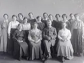 Skolfoto. Hushållskurs. Kvinnorna som står  i bakre raden är elever som går på lanthushållsskolan, troligen höstkursen. 3:e flickan från vänster är eventuellt Elsa Lorenzon. Sittande på främre raden från vänster: hushållslärarinna Helga Anjou (senare gift Lundahl), rektorns fru och föreståndarinna på lanthushållsskolan Elisabeth de Vylder, rektor på folkhögskolan Ludvig de Vylder, trädgårdslärarinna Maja Hilleström. Bilden är tagen i en av lärosalarna den sk. B-salen som numera är försvunnen. Elisabeth de Vylder har mittbena, håret är uppsatt i krona med svart sammetsband om det hela.