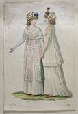Handkolorerad modeplasch från mars 1800. Damerna bär toquer, påsliknande mössor utan brätten.