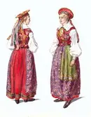 Kvinnodräkt, Medelstads härad, Blekinge. Akvarell av Emelie von Walterstorff.