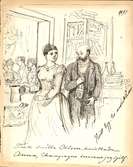 Teckning av Fritz von Dardel. En kvinna med kanna i handen och en man med en vinflaska. 