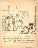 Tuschteckning av Fritz von Dardel från 1886. En kvinna i förkläde ligger på knä framför en kakelugn. I bakgrunden sitter en man bakom ett staffli. 
