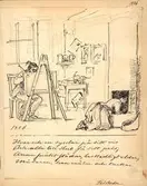 Tuschteckning av Fritz von Dardel från 1886. En kvinna i förkläde ligger på knä framför en kakelugn. I bakgrunden sitter en man bakom ett staffli. 