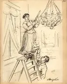 En kvinna i förkläde byter ljus i en takkrona. En man håller stegen åt henne. Teckning av Fritz von Dardel, 1881