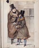 Två män, Charles Emil Piper och Albert Ehrensvärd, i vinterrockar och höga hattar står och samtalar. Akvarell av Fritz von Dardel, trol. 1840-tal.