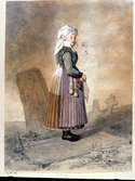 Akvarell. av O Wallgren. Kvinna i folkdräkt från Frosta härad i Skåne