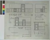 No 165. Nordiska Museet. Kansliflygeln. Ritning till skåp o hyllor. [Flyttbara men tätt anslutna till väggarnas listverk}Norra vindsrummet. Östra vindsrummet.Vestra vindsrummet. Denna hylla brännes 