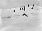 Isvinter. En grupp människor står och sitter på en imponerande hög med isflak.