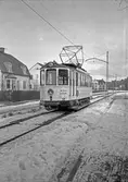 Spårvagn från Upsala Spårvägs AB vid ändhållplatsen på Norrlandsgatan, Uppsala