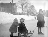 Barn åker kälke och skridskor på Svandammen, Uppsala