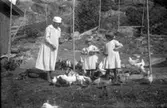 Mamma och döttrarna matar gårdens höns