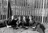 Fyra unga män, Gustav Andersson (1), ligger på marken framför ett högt spjälstaket, bakom dem finns ett brädupplag.