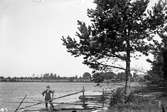 En man står vid en gärdesgård vid kanten av en sjö. Vid sidan växer en tall och i bakgrunden ligger några hus och gärden.