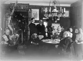 Hos doktor Ernst och Nina Westerlund, Kyrkogatan 29, Enköping, troligen julen 1911. Fr.v.: Nina Westerlund, Ernst Selmer, Ernst Westerlund, Marius Selmer, troligen Götilda Flodérus, troligen stadsläkare Thore Flodérus, Matilda Flodérus, Matilda Selmer, okänd - ev. Dorotea Tolstoy.