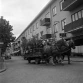 Elever på väg genom Huskvarna som tagit realexamen på Centralskolan i Huskvarna den 30 maj 1959.