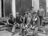Porträtt av arbetare vid flyttningen av ett hus från Bö. Okänt årtal.