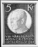 Frimärksförlaga till frimärket VIII:e Världspostkongressen, utgivet 4/7 1924. I teckningen är infälld fotografisk reproduktion av det av Emil Österman tecknade porträttet för typ Gustaf V profil 1921. Valör 5 kr.