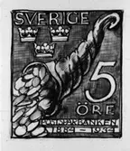 Ej realiserade förslag till frimärken Postsparbankens 50-årsjubileum, utgivet 6/12 1934. Konstnär: Olle Hjortzberg.
Valör 5 öre.