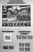 Frimärksförlaga till frimärket Riksdagen 500 år, utgivet 1/10 1935.  Samtliga valörer tecknade av Olle Hjortzberg. - 5 öre. (Gamla rådhuset, bondeståndets plenilokal). Valör 5 öre.