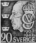 Frimärksförlaga till frimärket Gustaf V, utgivet 8/12 1947. Regeringsjubileet. Teckning, godkänd av H M:t Kung Gustaf V, 
som gåva till Kungliga Postverket av E. Forseth 1947.
Valör 20 öre.