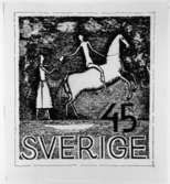 Nya frimärkstyper 1951. Konstnär: Lars Wellton. Ej realiserade förslag i tusch. Förslag. Motto: Omnibus alternativ I.
Valör 45 öre.