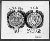 Ej realiserade förslag till frimärket Stockholm 700 år, utgivet 17/6 1953. Konstnär: R Engströmer. Valör 1:70 kr.