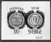 Ej realiserade förslag till frimärket Stockholm 700 år, utgivet 17/6 1953. Konstnär: R Engströmer. Valör 1:70 kr.
