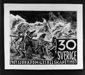 Frimärksförlaga till frimärket Sjöräddningssällskapet 50 år utgivet 1/6 1957. Svenska Sällskapet för Räddning af
skeppsbrutna bildades den 1/6 1907. Originalteckning (förlaga) utförd av konstnär Torsten Billman.
Valör 30 öre.