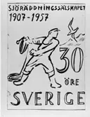 Skisser till frimärket Sjöräddningssällskapet 50 år, utgivet 1/6 1957. Konstnär: Torsten Billman. Foton 30/5 1967.
Skiss 