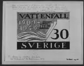 Förslagsritningar - ej antagna - till frimärket Vattenfall 50 år, utgivet 20/1 1959. Kraftstationen vid Nämforsen i Ångermanland. Konstnär: Tor Hörlin. Förslag. 30 öre. 