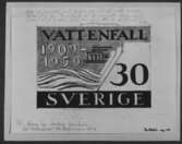 Förslagsritningar - ej antagna - till frimärket Vattenfall 50 år, utgivet 20/1 1959. Kraftstationen vid Nämforsen i Ångermanland. Konstnär: Tor Hörlin. Förslag. 30 öre. 