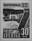 Förslagsritningar - ej antagna - till frimärket Vattenfall 50 år, utgivet 20/1 1959. Kraftstationen vid Nämforsen i Ångermanland. Konstnär: Tor Hörlin. Förslag. 
Valör 30 öre. 10.