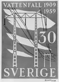 Frimärksförlaga till frimärket Vattenfall 50 år, utgivet 20/1 1959. 380 kV-ledningar. Godkänd originalteckning av Lennart Gram. Original i Vattenfallstyrelsen. Valör 30 öre.