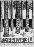 Frimärksförlaga till frimärket Domänverket 100 år, utgivet 4/9 1959. Förslagsteckning utförd av Sven Ljungberg. Förslag nr 3.
(I Postmusei samlingar). Valör 30 öre.