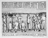 Frimärksförslag - skissförslag - till frimärket Frivilliga Skytteväsendets 100-årsjubileum, utgivet 30/6 1960, av konstnär Sven Ljungberg. (I Postmusei samlingar). 
Valör 15 öre.