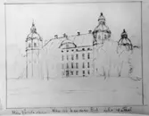 Frimärksförlaga till frimärket Byggnadsminnen, Skokloster slott (Håbo Kommun, mellan Stockholm och Uppsala), utgivet 24/9 1962. Slottet byggdes 1645 - 1677 för CG Wrangel. Skisser utförda av Waldemar Bernhard. Skiss av exteriören.
(I Postmusei samlingar). Foton 2/10 1962. Skiss 5.