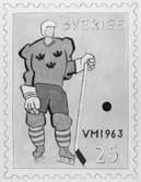 Frimärksförlaga till frimärket VM i ishockey, utgivet 15/2 1963.
1963 års VM i ishockey spelades i Stockholm. Förslagsteckningar utförda av konstnären Tage Hedqvist.
Förslag 3. Akvarell. Valör 25 öre.