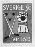 Frimärksförlaga till frimärket VM i ishockey, utgivet 15/2 1963. 1963 års VM i ishockey spelades i Stockholm.
Förslagsteckningar utförda av konstnären Tage Hedqvist. (I Postmusei samlingar). Förslag 4. Akvarell. Valör 25 öre.