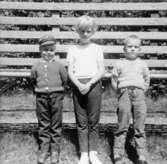 Två pojkar och en flicka (John, Connie Olsén och Peter) står uppställda på rad framför ett staket. Brunnsgatan, 1960-tal.