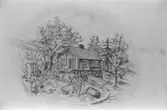 Dokumentation av väggmålningar i Ryets bibliotek 1992. Biblioteket har tömts på grund av nedläggning. Här ser man en målning av Åkersblads stuga i Rambodal.