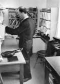 Lantbrevbärare Erik Bergman sorterar upp posten till sitt utdelningsområde. Postkontoret i Delsbo.  April 1956.