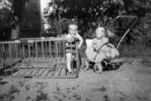 Lille Alf Garthman står i en barnhage och Gunilla Andersson (sittandes i en kärra) tittar på. Barnhemsgatan 21, slutet/början av 1940-50-tal.