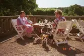 Tre personer med en hund, sitter på vita trämöbler och fikar utomhus på baksidan av Gunnebo slott, med utsikt mot parken. Juni, 1988.